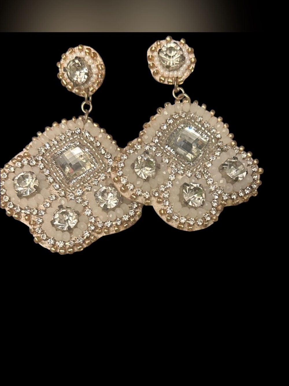 Gold-Tone White Crystal Statement Drop Earrings - Picture 2 of 10